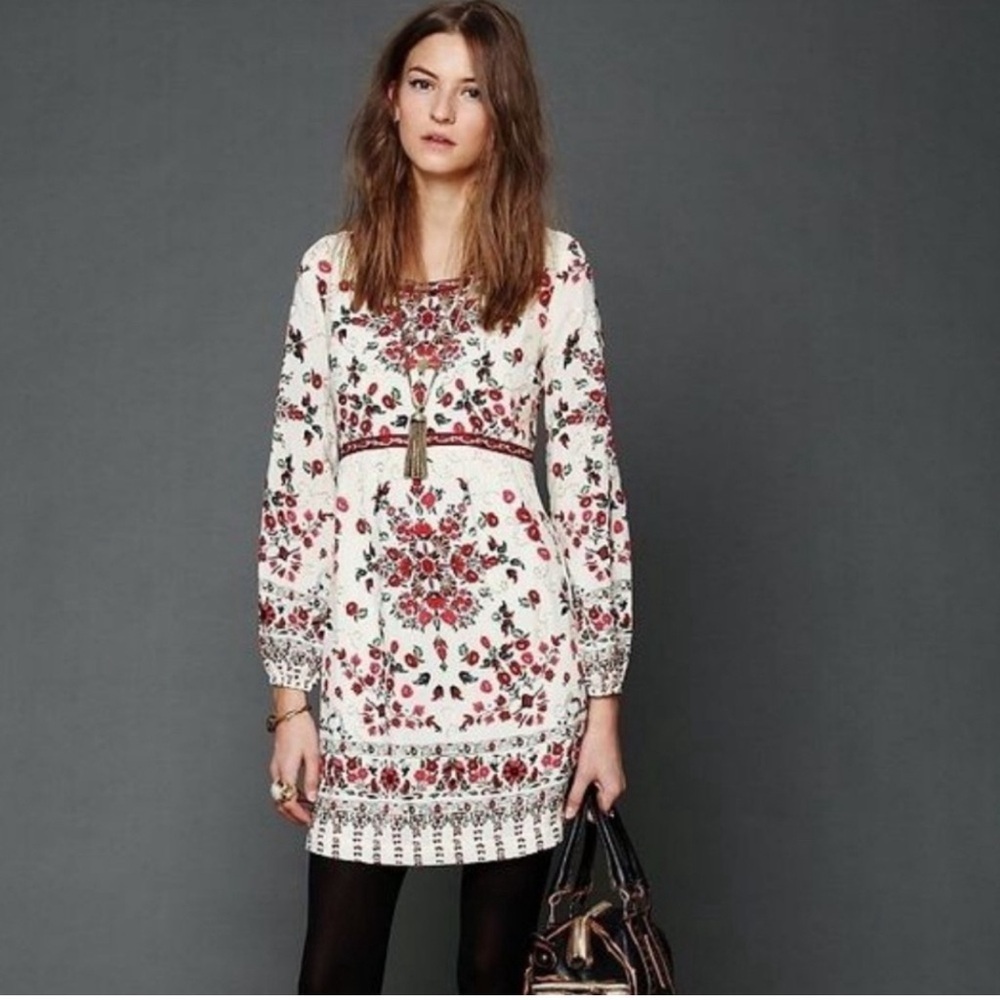 Free People Red Floral Embroidered Long Sleeve Dress - Size 8 - Picture 2 of 11